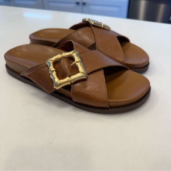 SCHUTZ Enola Crisscross Buckle CAMEL Leather Sandals Slides Women's 7 NEW! - Picture 4 of 10